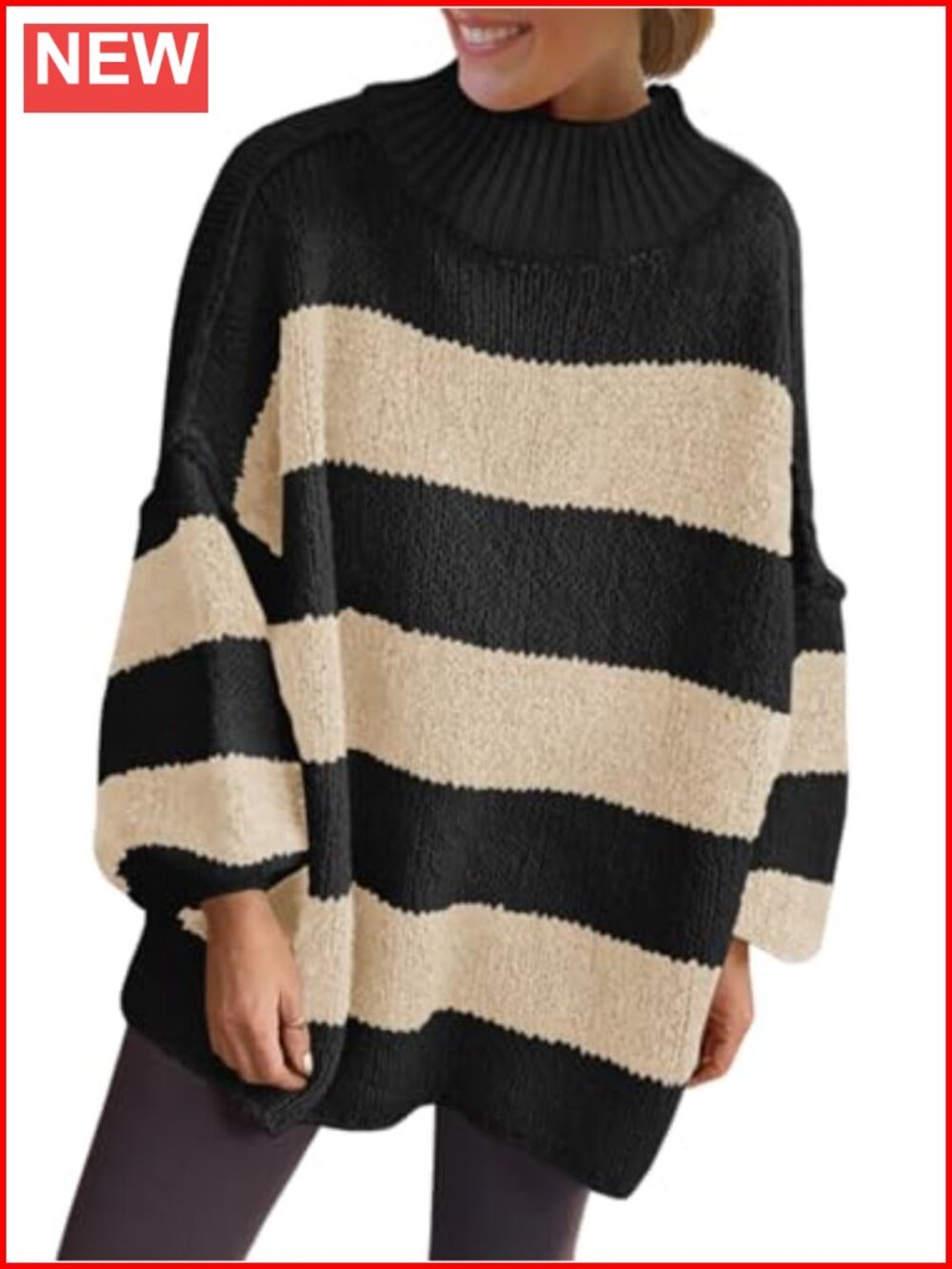 Oversized Striped Chunky Knit Sweater Mock Neck Pullover